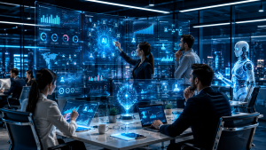 Digital marketing professionals using AI and analytics to improve campaign performance.